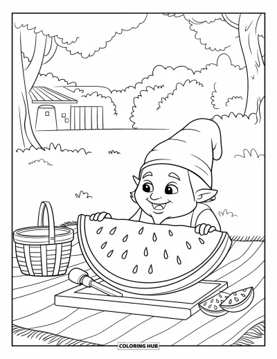 Desenho de gnomo de verão para colorir para crianças: Um gnomo senta com uma fatia de melancia em uma manta de piquenique perto de árvores