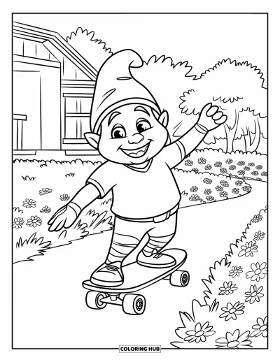 Desenho de gnomo de verão para colorir para crianças: Um gnomo anda de patins por uma trilha de jardim entre flores desabrochadas