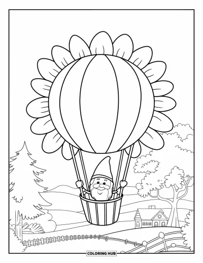 Desenho de gnomo de verão para colorir para crianças: Um gnomo sorri dentro de um balão de girassol amarrado a um poste de madeira