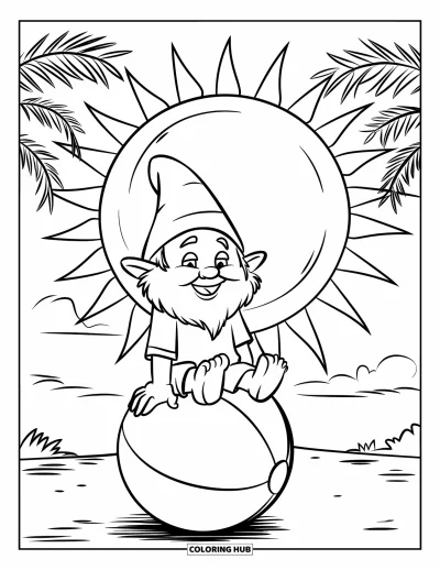 Desenho de gnomo de verão para colorir para crianças: Um gnomo sorri em cima de uma bola de praia enquanto o sol brilha