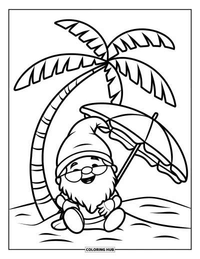 Desenho de gnomo de verão para colorir para crianças: Um gnomo sorri sob uma palmeira com areia e mar ao redor