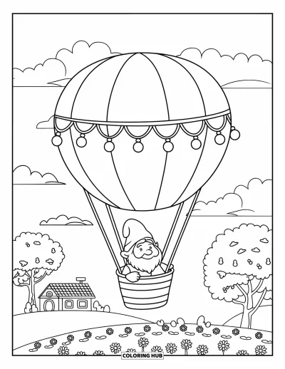 Desenho de gnomo de verão para colorir para crianças: Um gnomo sobe num balão ensolarado sobre flores e campos