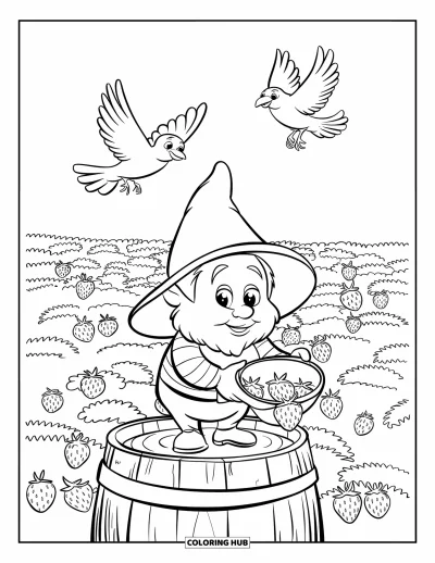 Desenho de gnomo de verão para colorir para crianças: Um gnomo em cima de um barril colhe morangos em um campo verde