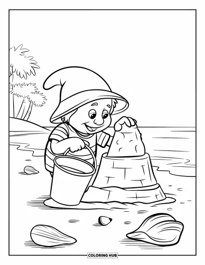 Desenho de gnomo de verão para colorir para crianças: Um gnomo usa conchas para construir um castelo de areia na areia quente