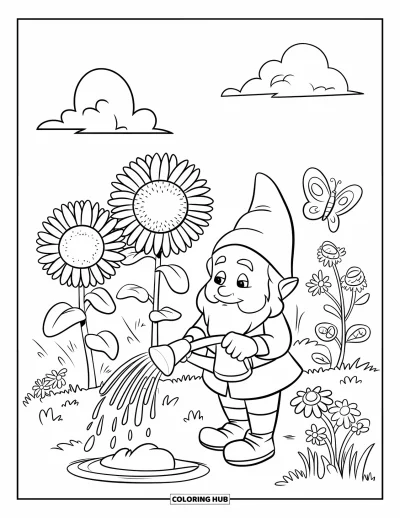 Desenho de gnomo de verão para colorir para crianças: Um gnomo rega girassóis em um jardim alegre de verão