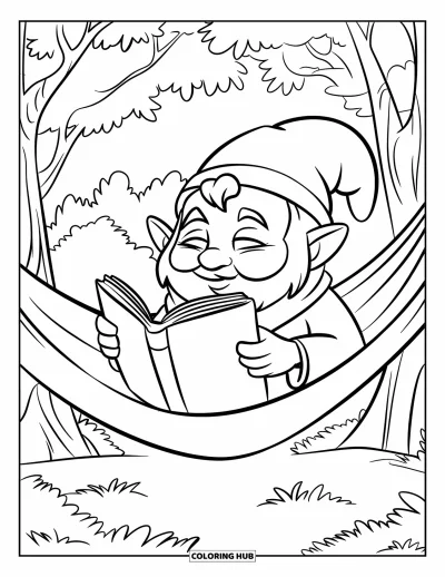 Desenho de gnomo de verão para colorir para crianças: Um gnomo de cachecol lê em uma rede embaixo de um céu sereno