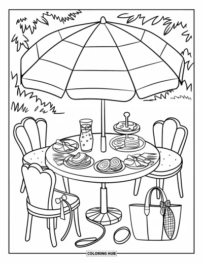 Coloriage summer preppy pour adultes : Une scène de brunch sous un parasol avec des pancakes, des toasts et de l'eau infusée