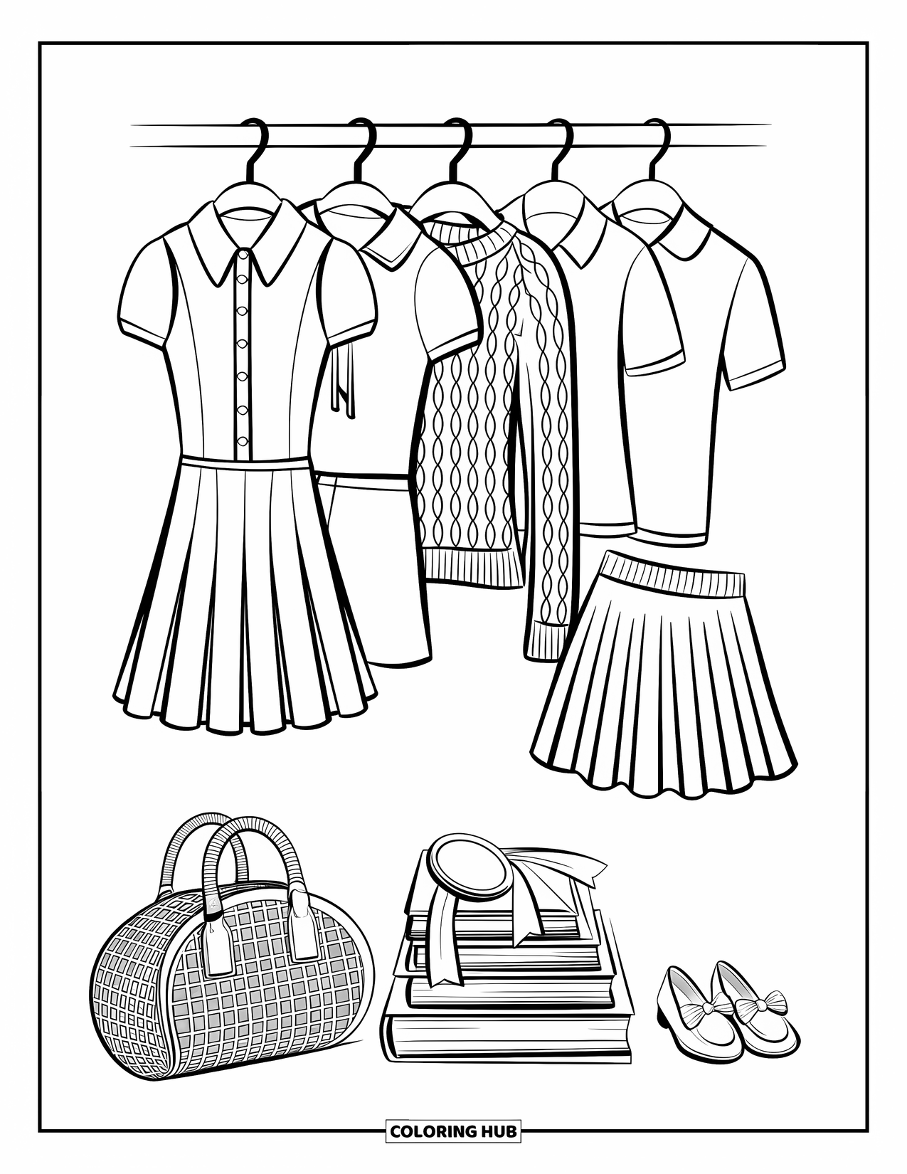 Summer Preppy Coloring Page for Adults: A chic wardrobe filled with pleated skirts, polos, and loafers