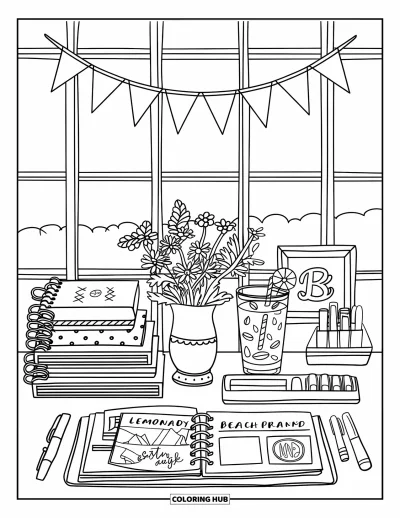 Coloriage summer preppy pour adultes : Un coin bureau douillet avec de la papeterie estivale, des fleurs et une boisson rafraîchissante