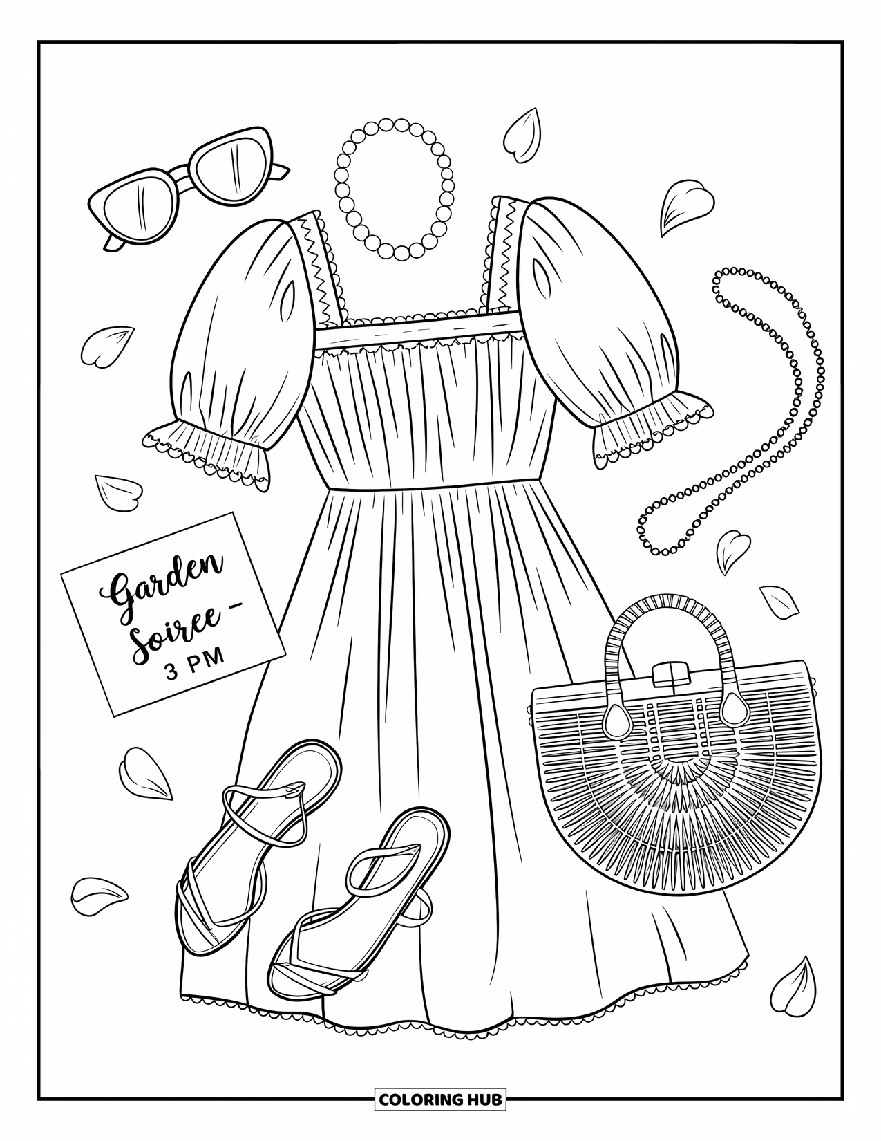 Summer Preppy Coloring Page for Adults: A dainty dress and pearls ready for a garden soirÈe at three oíclock