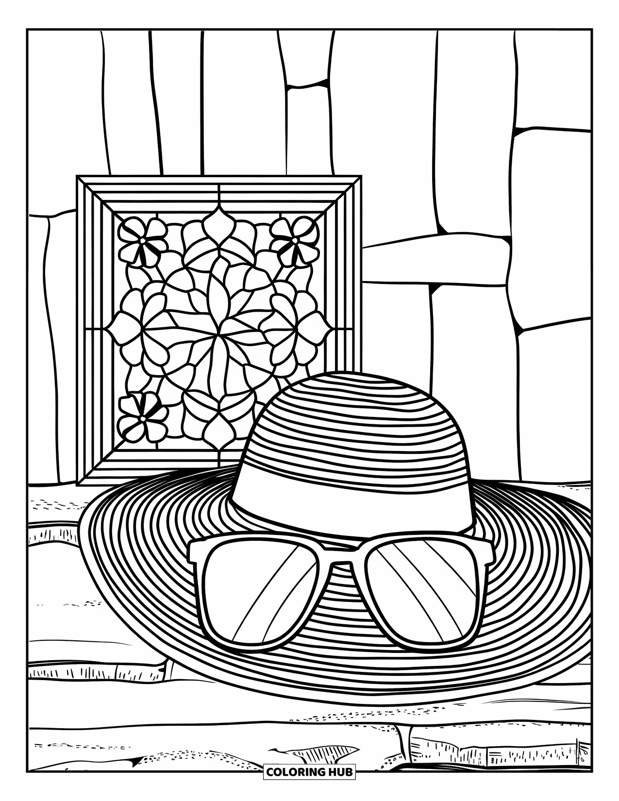 Summer Preppy Coloring Page for Adults: A floral stained glass frame highlights a hat and sunglasses on a brick wall