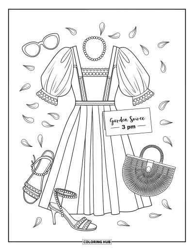 Coloriage summer preppy pour adultes : Une tenue de jardin avec de la dentelle, des perles et de délicats détails floraux