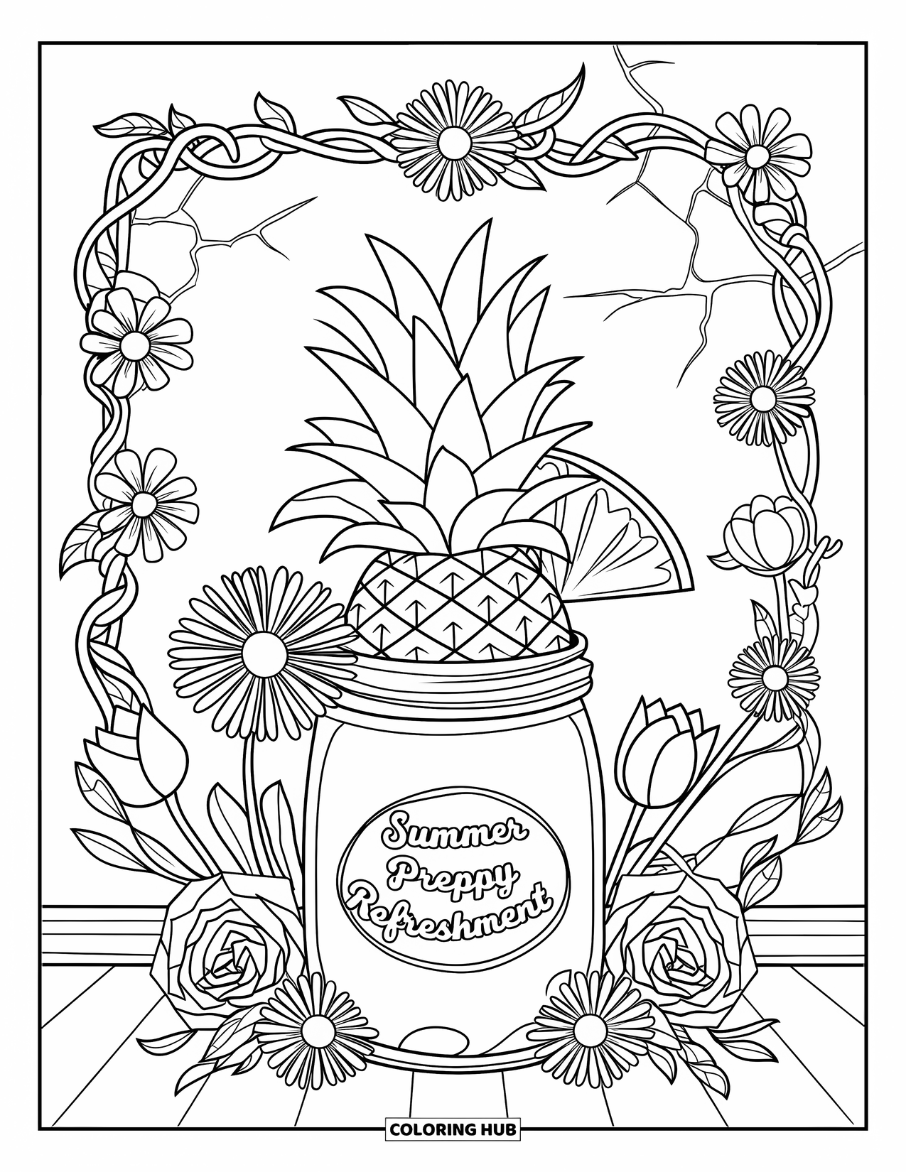 Summer Preppy Coloring Page for Adults: A jar of pineapple drink framed with vines, flowers, and a decorative border