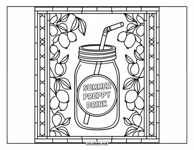Coloriage summer preppy pour adultes : Un bocal de limonade avec une paille entouré d'agrumes et de motifs de feuilles