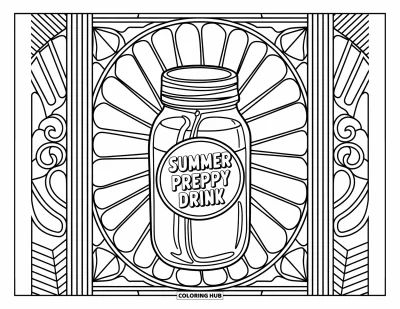 Coloriage summer preppy pour adultes : Un bocal de limonade étiqueté "summer preppy drink" encadré de motifs de verre citronné