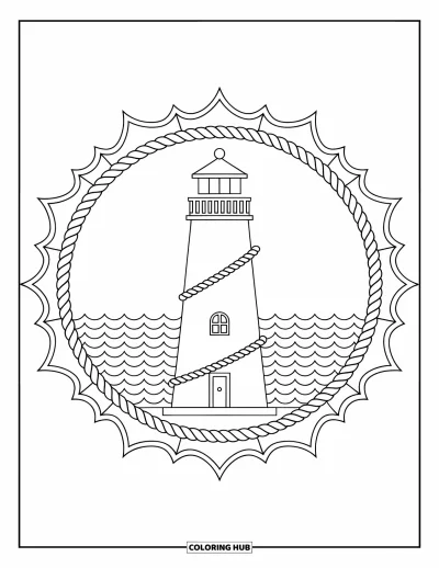 Coloriage summer preppy pour adultes : Un phare sur une mer tranquille encadré de cordages et d'une mandala nautique