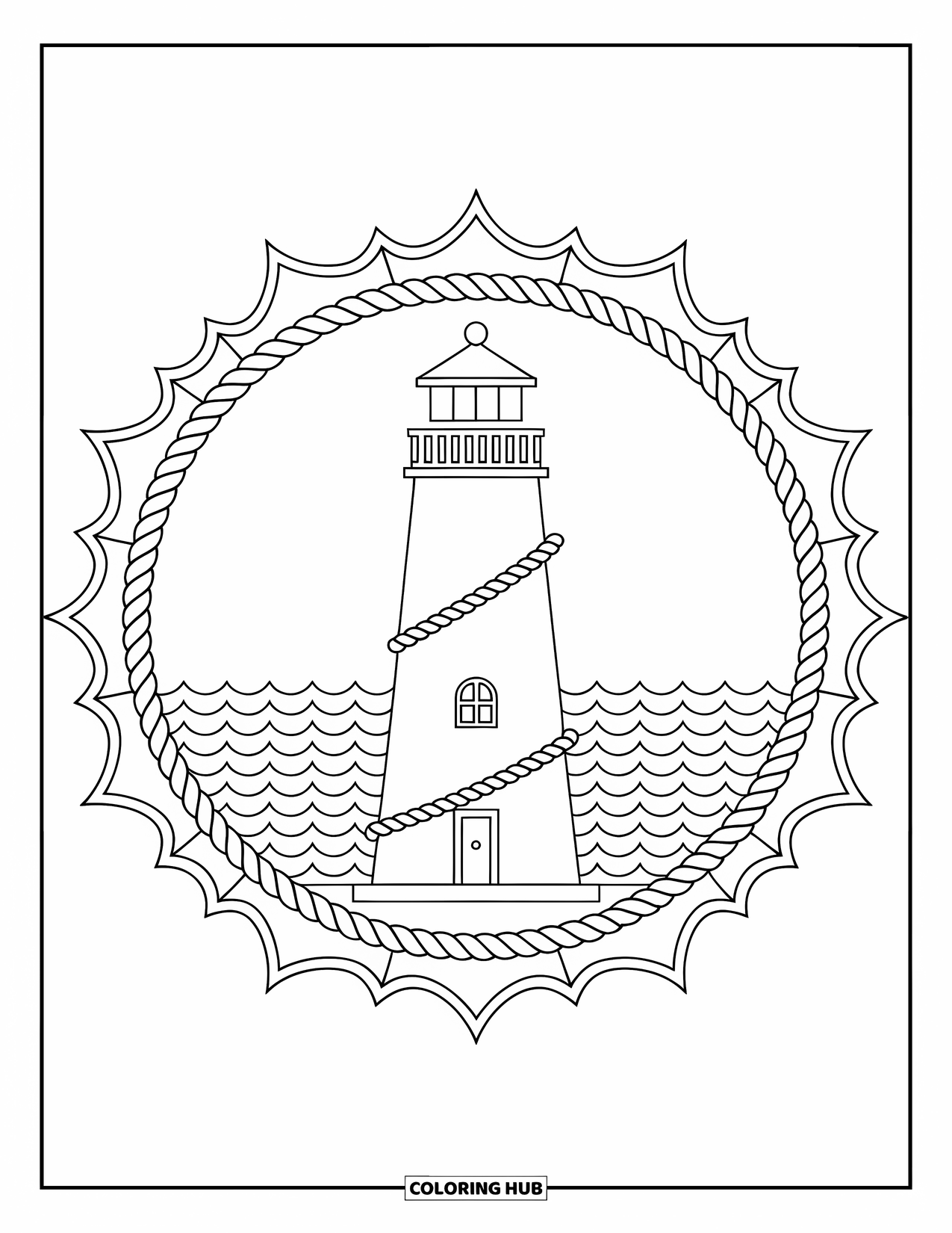 Summer Preppy Coloring Page for Adults: A lighthouse on calm seas framed by ropes and a nautical mandala