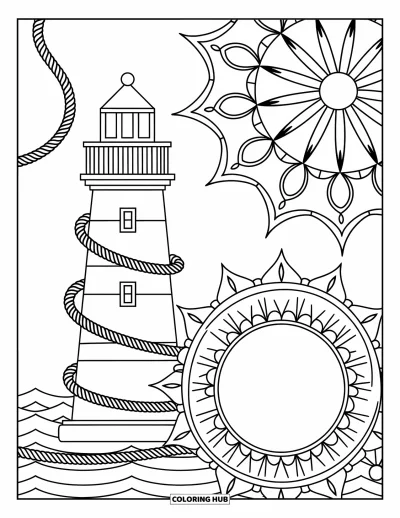 Coloriage summer preppy pour adultes : Un phare enveloppé de cordages nautiques encadré par une mandala estivale