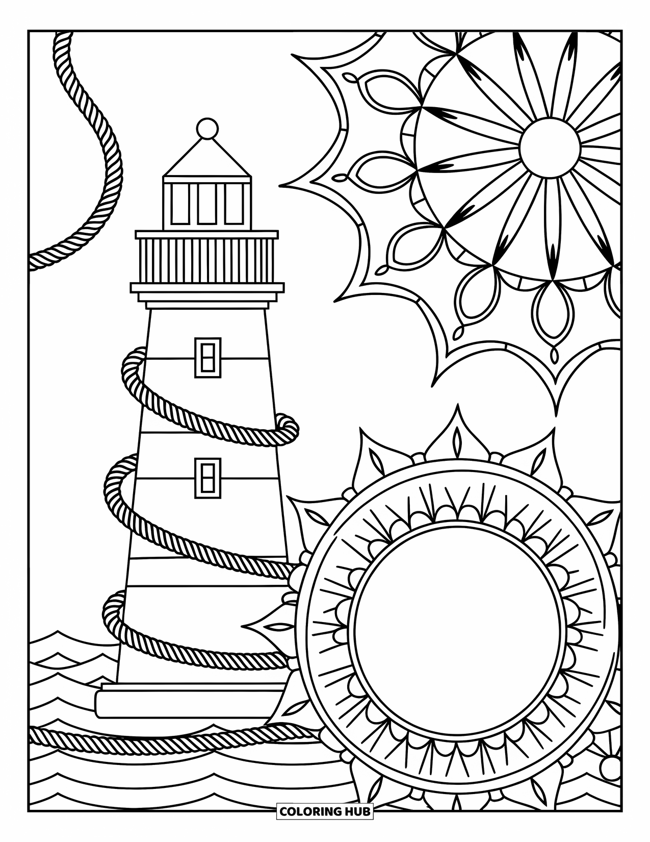 Summer Preppy Coloring Page for Adults: A lighthouse wrapped in nautical ropes framed by a summer mandala