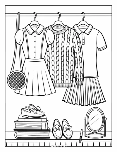 Coloriage summer preppy pour adultes : Un placard ordonné avec des tenues de tennis, des livres et un sac en rotin