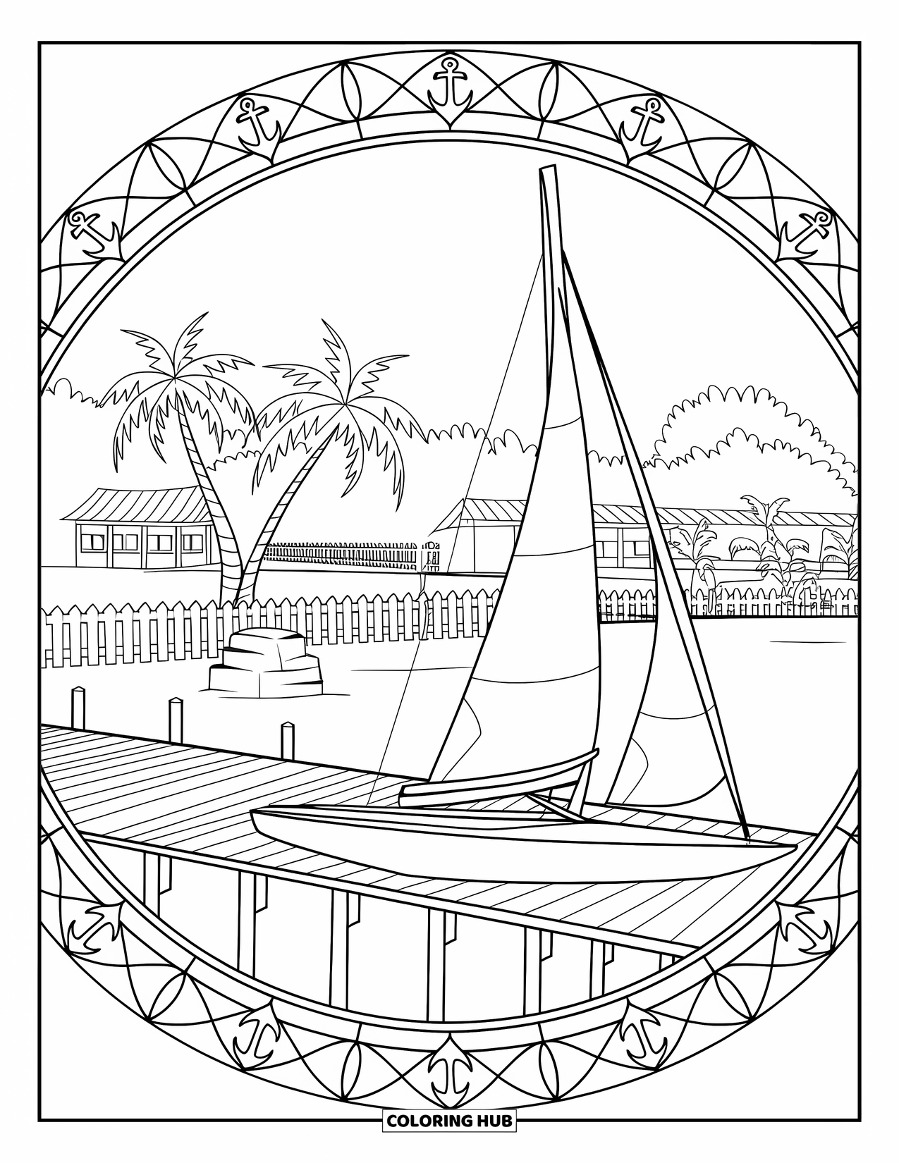 Summer Preppy Coloring Page for Adults: A peaceful pier scene with a sailboat and anchor mandala border