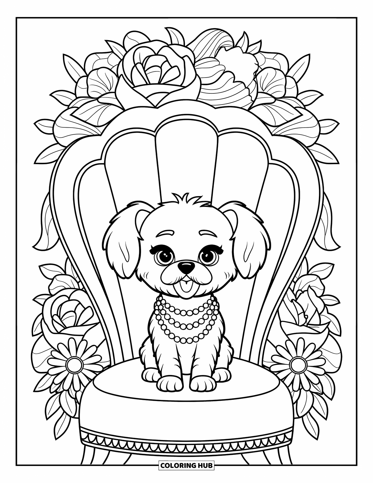 Summer Preppy Coloring Page for Adults: A pearl-wearing pup sits surrounded by roses and daisies in a floral border