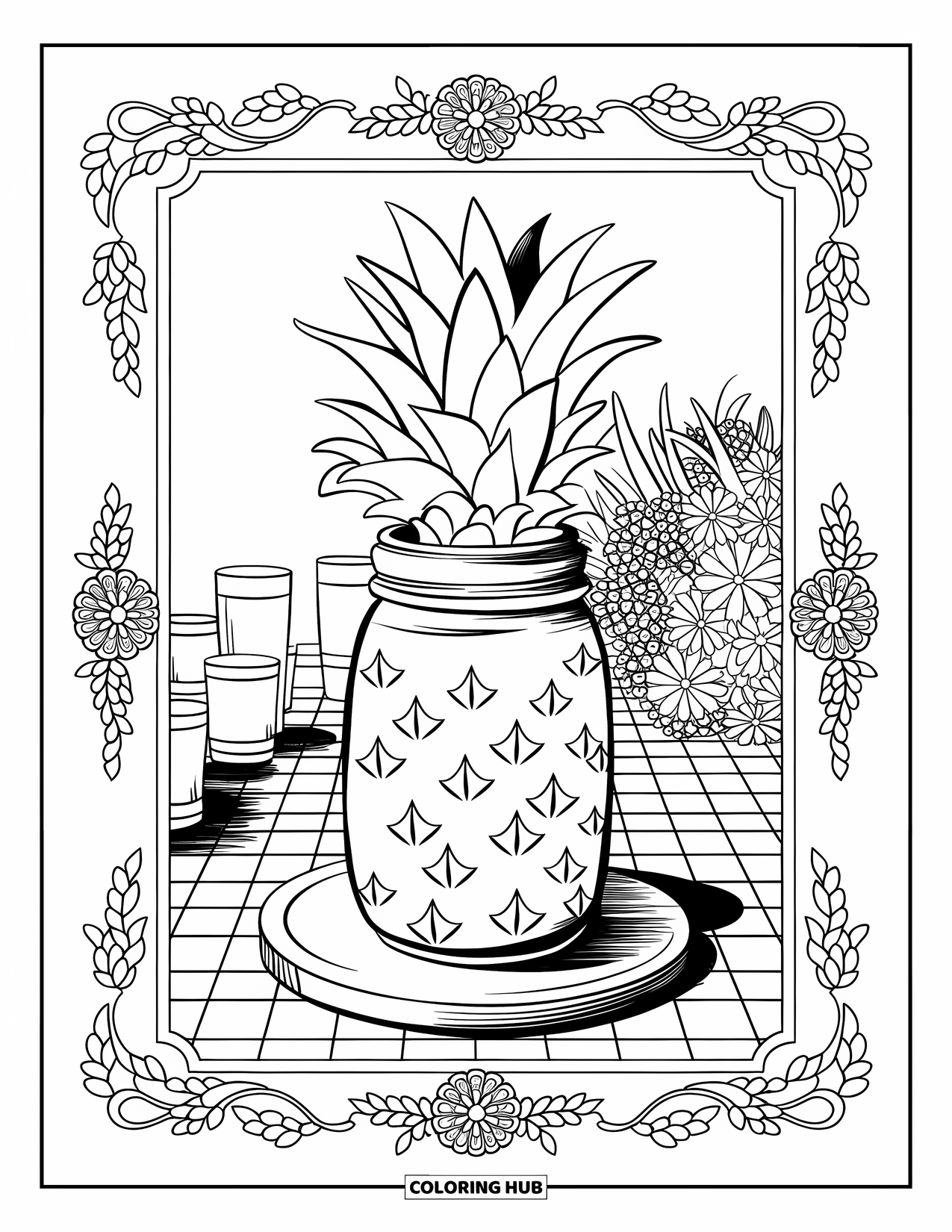 Summer Preppy Coloring Page for Adults: A pineapple drink on a tablecloth surrounded by glasses and floral borders