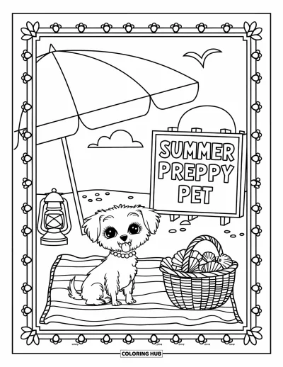 Coloriage summer preppy pour adultes : Un chien preppy avec des perles assis près d'une serviette rayée et d'un panier côtier