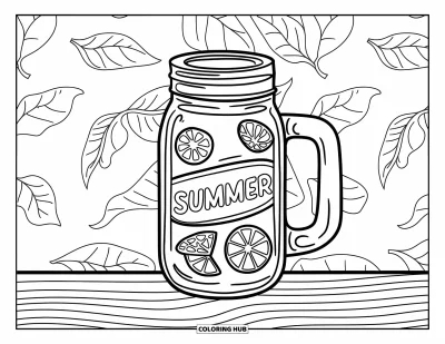 Coloriage summer preppy pour adultes : Un bocal de limonade preppy avec une anse en verre citronné sur un fond de feuillage