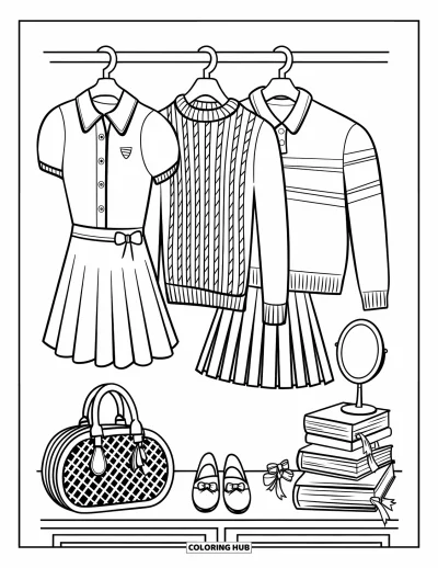 Coloriage summer preppy pour adultes : Un vestiaire preppy avec des jupes plissées, des robes de tennis et des mocassins à nœuds