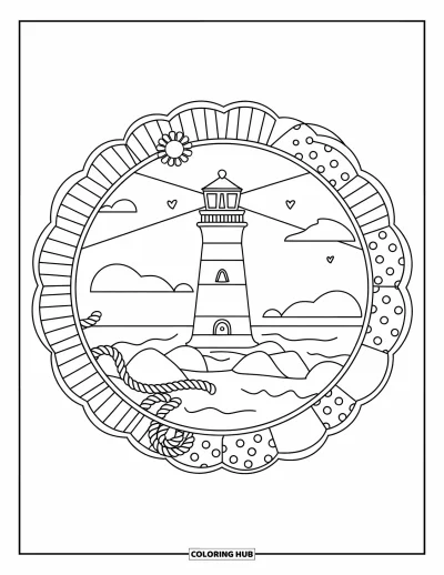 Coloriage summer preppy pour adultes : Un phare à toit rouge cerné de vagues, de cordages et de motifs de mandala