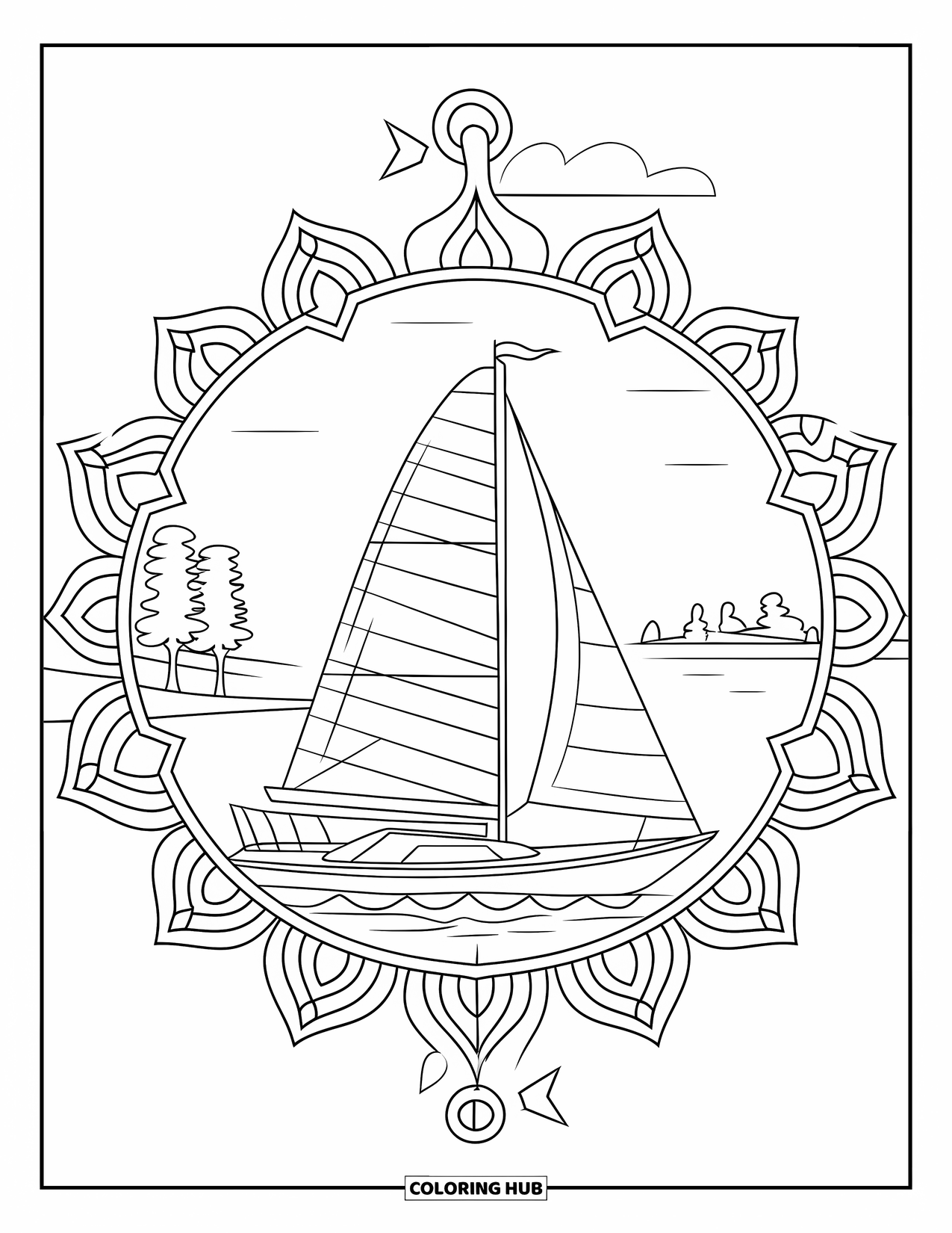Summer Preppy Coloring Page for Adults: A sailboat moored in calm waters framed by an anchor mandala border