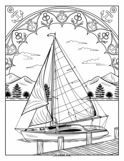 Coloriage summer preppy pour adultes : Un voilier près d'un ponton et de montagnes encadré d'une mandala aux motifs nautiques