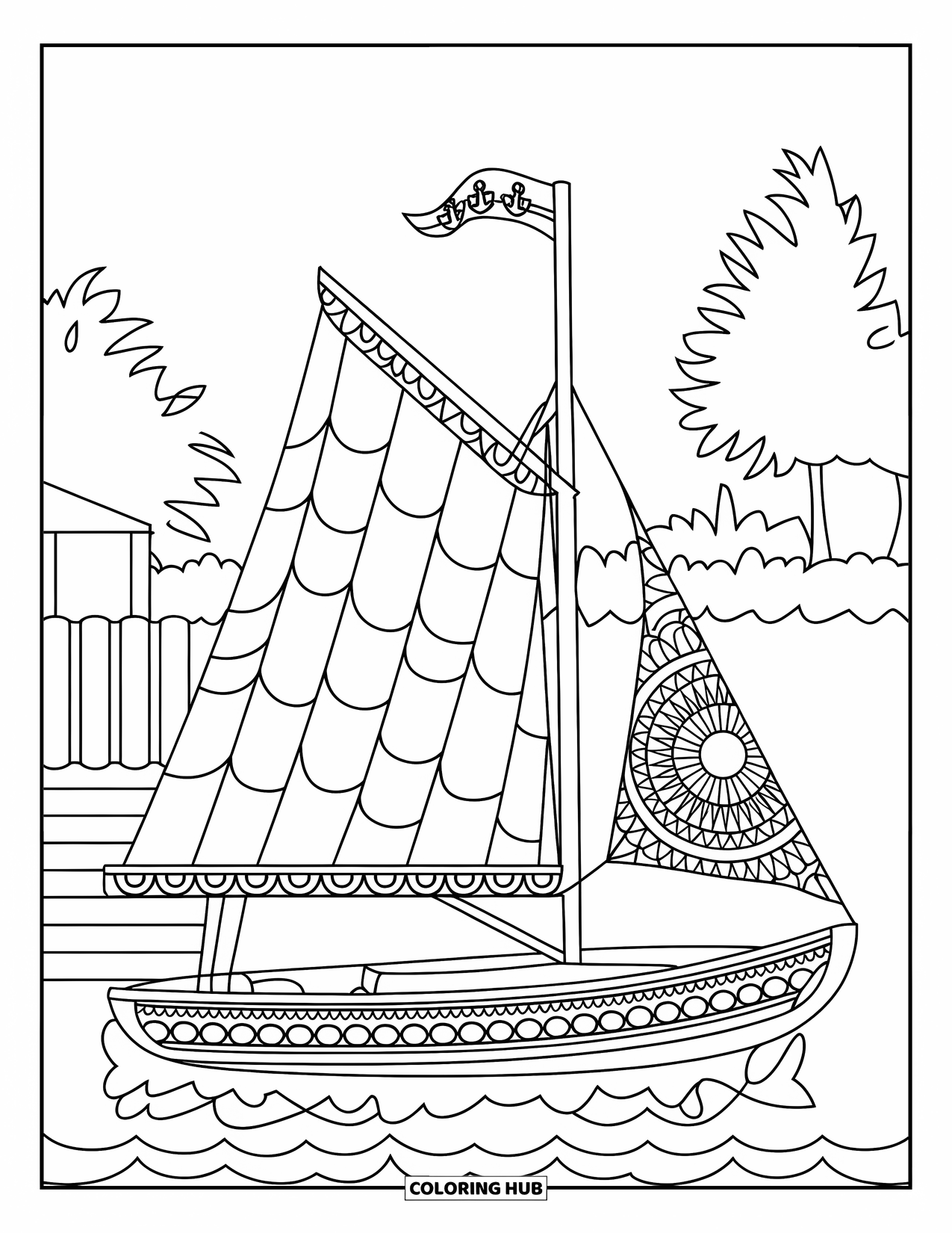 Summer Preppy Coloring Page for Adults: A sailboat with an anchor mandala border floats near a sunny dock