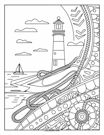 Coloriage summer preppy pour adultes : Un phare rayé avec des cordages, des voiles et une mandala nautique très détaillée