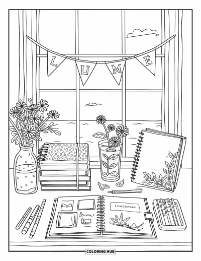 Coloriage summer preppy pour adultes : Un bureau d'étude près d'une fenêtre avec des carnets, de la limonade et des stylos pastel
