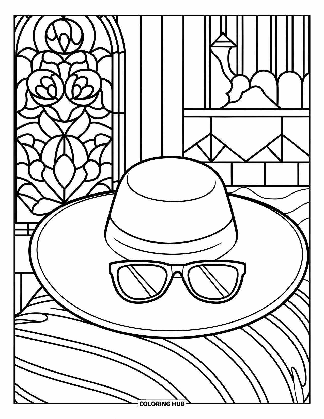 Summer Preppy Coloring Page for Adults: A sunhat and sunglasses rest on a striped pillow framed by floral glass