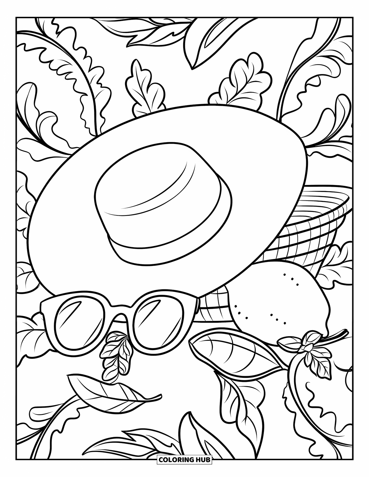 Summer Preppy Coloring Page for Adults: A sunhat, sunglasses, and lemons rest in a leafy preppy still life