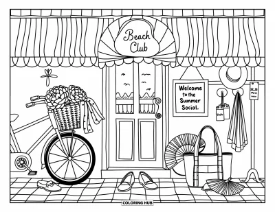 Coloriage summer preppy pour adultes : Une scène de porte ensoleillée avec un vélo, un tote bag et une bannière "Summer Social"