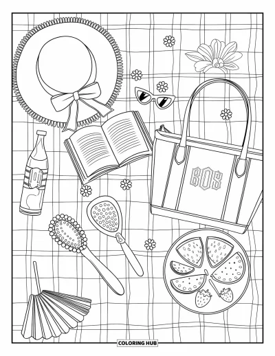 Coloriage summer preppy pour adultes : Un plaid de pique-nique ensoleillé garni de fruits, de limonade et d'accessoires preppy
