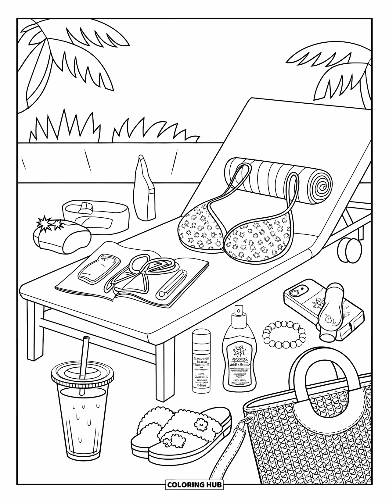Summer Preppy Coloring Page for Adults: A sunny pool setup with a swimsuit, towel, and cute summer accessories