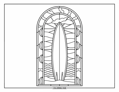 Coloriage summer preppy pour adultes : Une planche de surf dressée dans le sable sous un ciel estival aux allures de vitrail