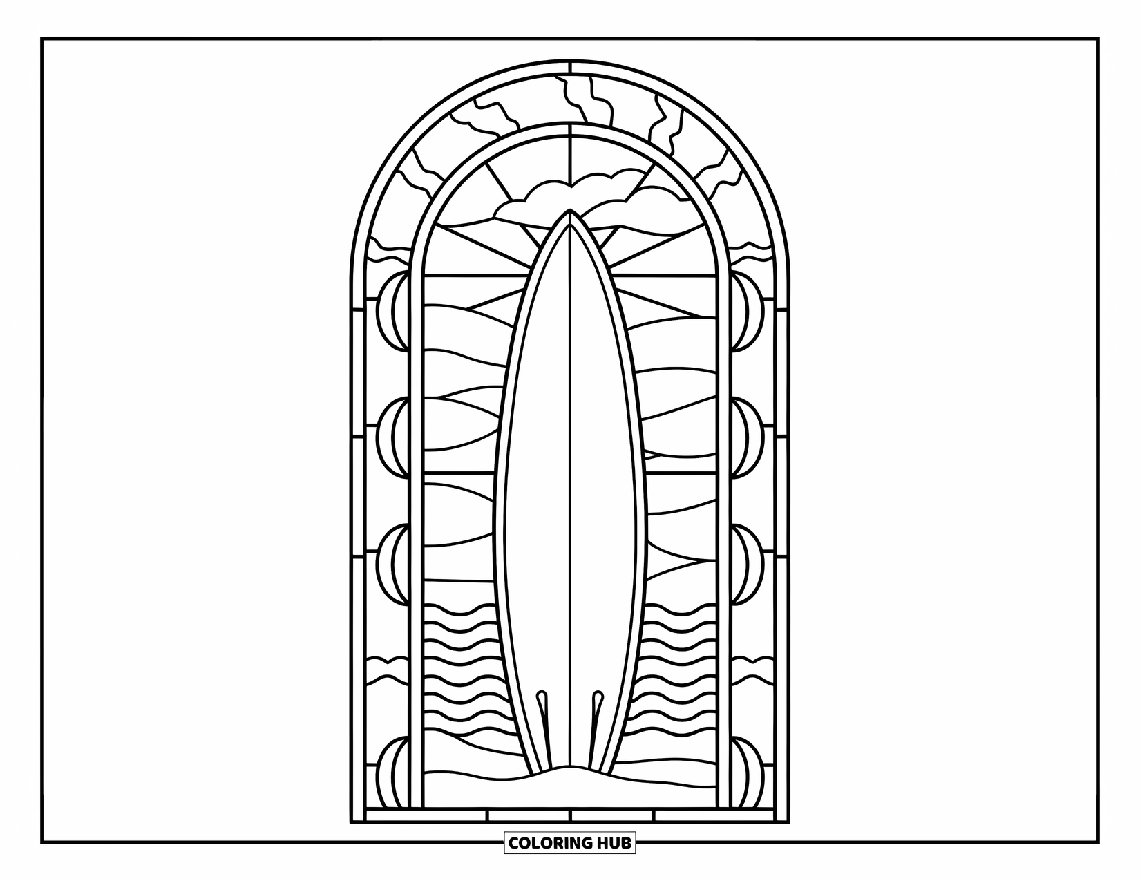 Summer Preppy Coloring Page for Adults: A surfboard upright in sand beneath a stained glass summer sky