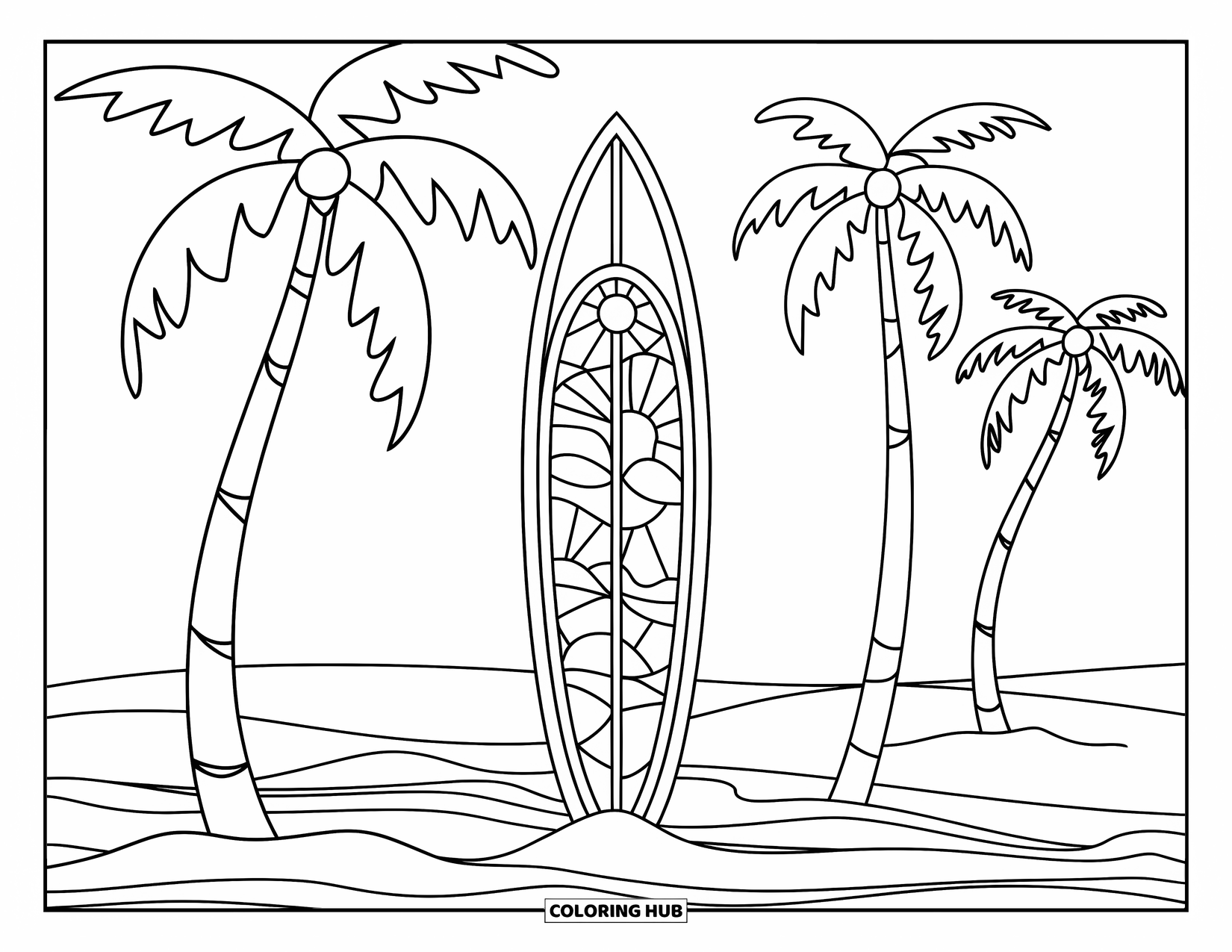 Summer Preppy Coloring Page for Adults: A surfboard with preppy stained glass details beside palm trees and clouds