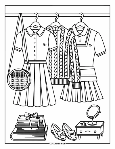 Coloriage summer preppy pour adultes : Un dressing d'été bien rangé avec des polos, des jupes et un sac de tennis en rotin