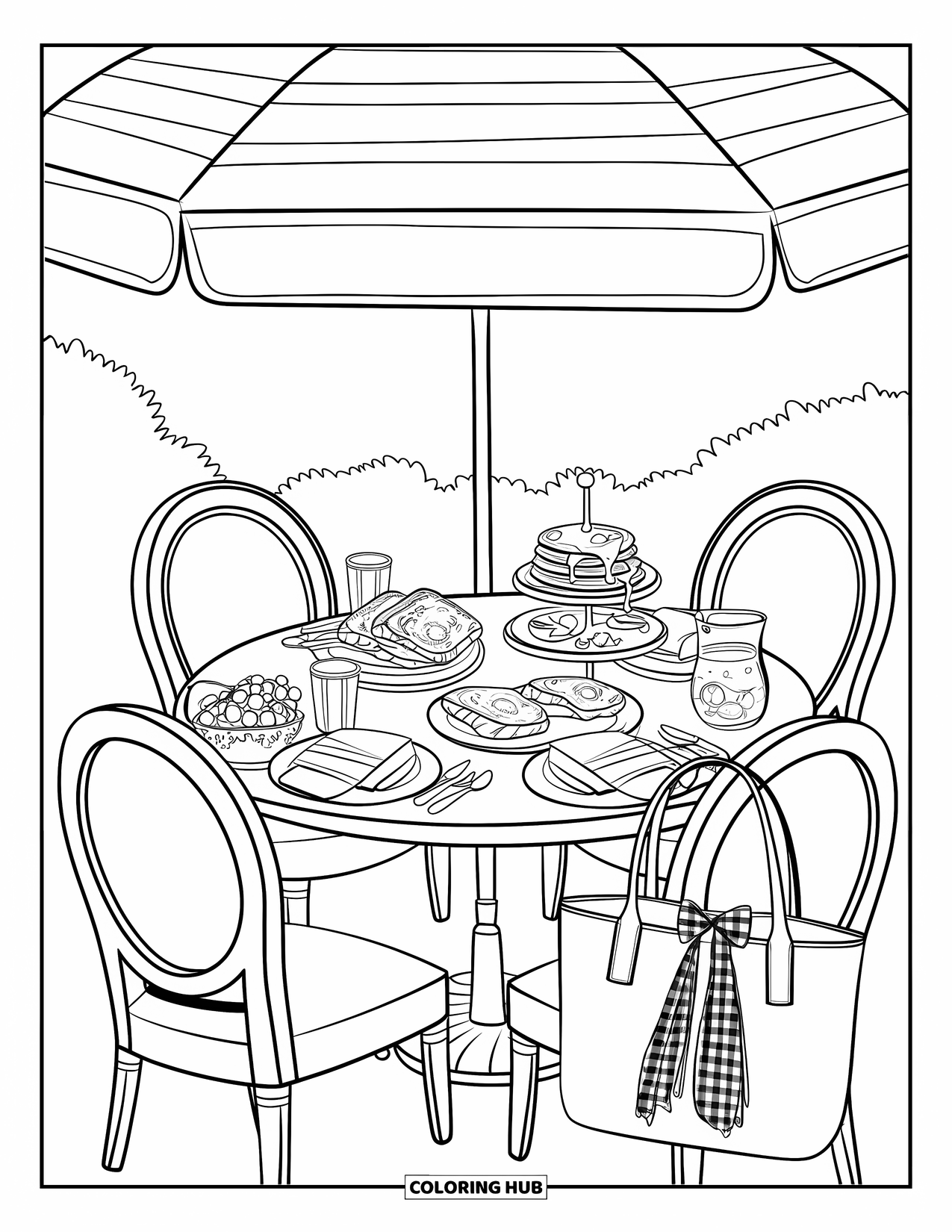Summer Preppy Coloring Page for Adults: An outdoor brunch table with pancakes, lemonade, and a striped umbrella