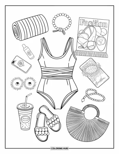 Coloriage summer preppy pour adultes : Les essentiels de l'été — maillot de bain, sandales, matcha et un sac en osier — joliment disposés