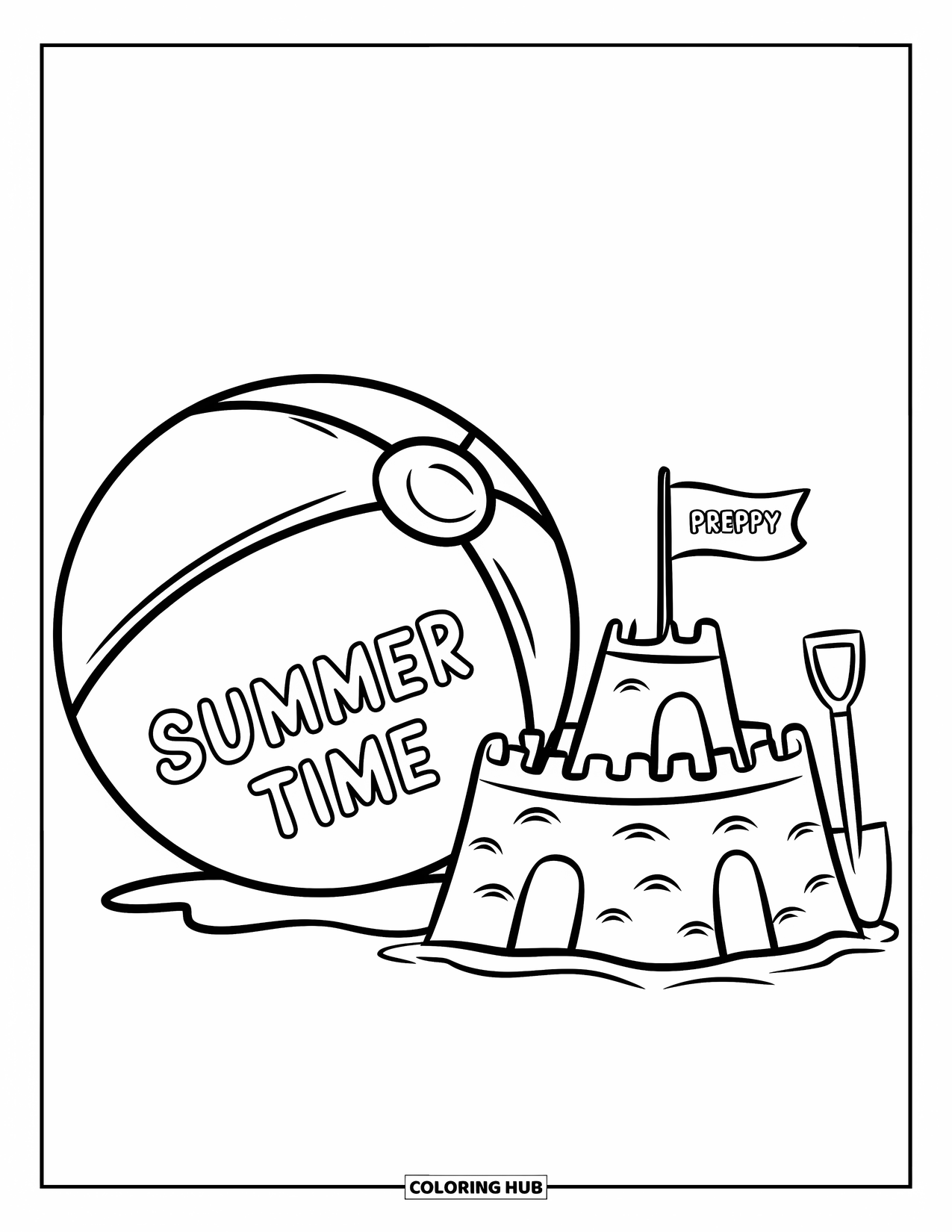 Summer Preppy Coloring Page for Kids: A beach ball marked "Summer Time" rests beside a castle and shovel