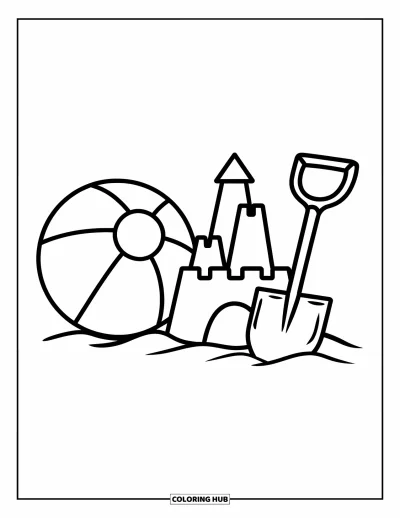 Coloriage summer preppy pour enfants : Un ballon de plage, un château de sable et une pelle décorent un bord de mer ensoleillé