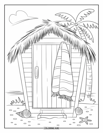 Coloriage summer preppy pour enfants : Une cabane de plage avec des serviettes et des coquillages illuminée sous un ciel limpide